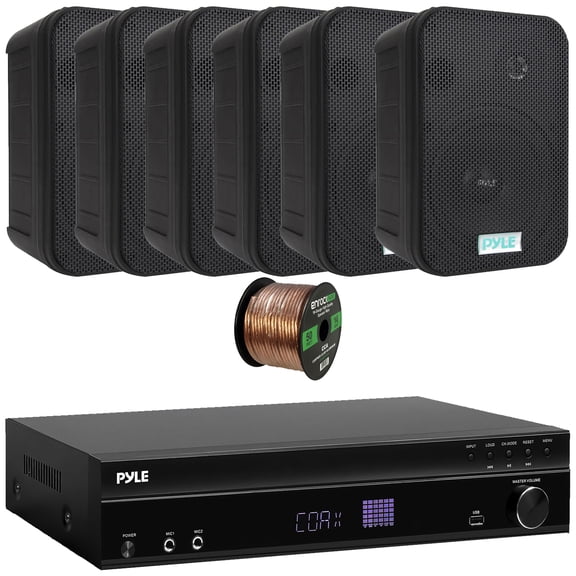 Pyle PT875BT 5.2 Channel 1000W Max USB-A MP3 Player FM Radio Bluetooth Home Theater Amplifier Receiver, 2x Pyle PHSP8K 8.1'' 50 Watt Max Power Indoor/Outdoor Gray PA Horn Speakers, Speaker Wire