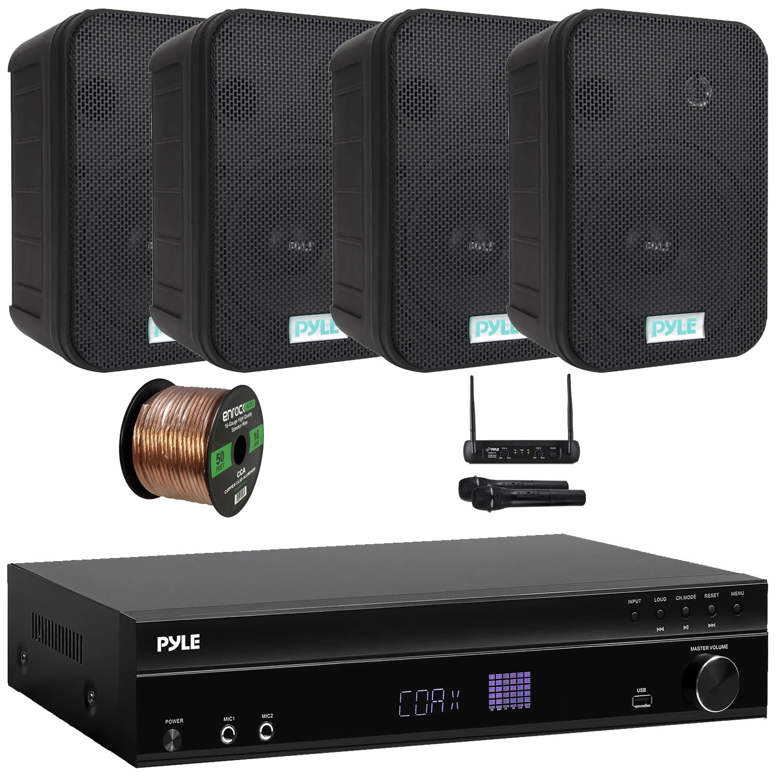 Pyle PT875BT 5.2 Channel 1000W Max USB-A MP3 Player FM Radio Bluetooth Home Theater Amplifier Receiver, 4x 3.5'' 200 Watt Max Power 3-Way White Mini Box Speakers, VHF Wireless Microphone System, Wire