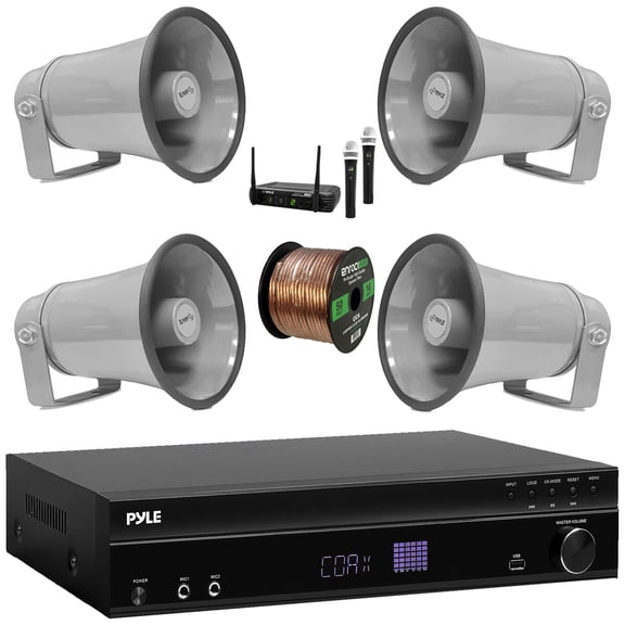 Pyle PT875BT 5.2 Channel 1000W Max USB-A MP3 Player FM Radio Bluetooth Home Theater Amplifier Receiver, 4x 3.5'' 200W Max 3-Way Indoor/Outdoor Speakers, VHF Wireless Microphone System, Speaker Wire