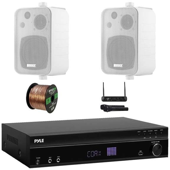 Pyle PT875BT 5.2 Channel 1000W Max USB-A MP3 Player FM Radio Bluetooth Home Theater Amplifier Receiver, 4x 3.5" 300W Max Indoor/Outdoor Black Waterproof Speakers, VHF Wireless Microphone System, Wire