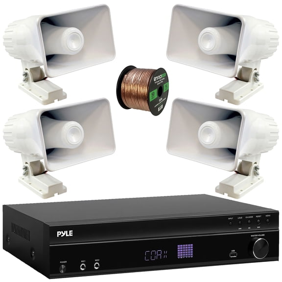 Pyle PT875BT 5.2 Channel 1000W Max USB-A MP3 Player FM Radio Bluetooth Home Theater Amplifier Receiver, 4x 3.5" 300W Max Indoor/Outdoor Waterproof Speakers, Wireless Microphone System, Speaker Wire