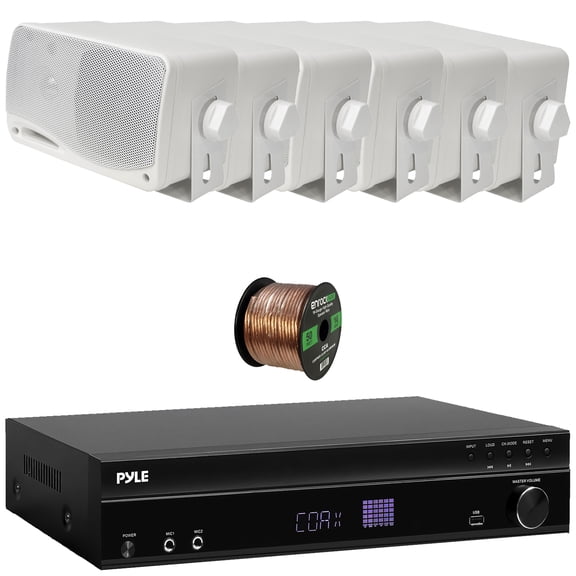 Pyle PT875BT 5.2 Channel 1000W Max USB-A MP3 Player FM Radio Bluetooth Home Theater Amplifier Receiver, 4x 4" 200W Max 3-Way Indoor/Outdoor Black Speakers, Wireless Microphone System, Speaker Wire