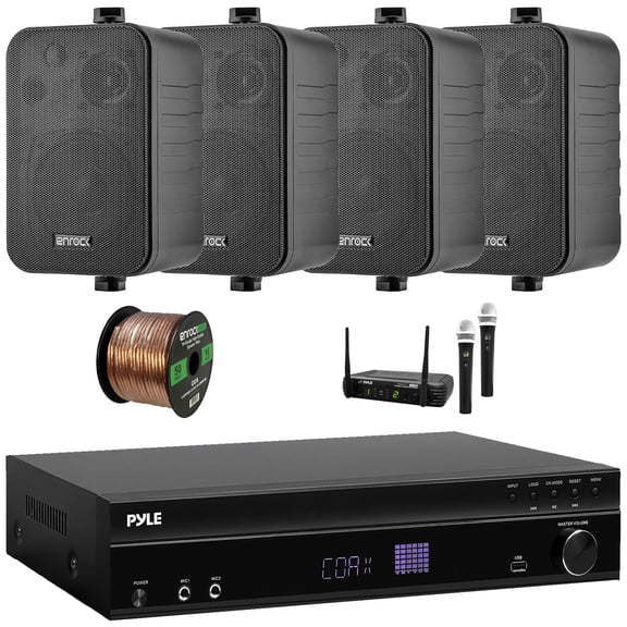 Pyle PT875BT 5.2 Channel 1000W Max USB-A MP3 Player FM Radio Bluetooth Home Theater Amplifier Receiver, 4x 4" 30 Watt Max 3-Way Indoor/Outdoor Black Speakers, Wireless Microphone System, Speaker Wire