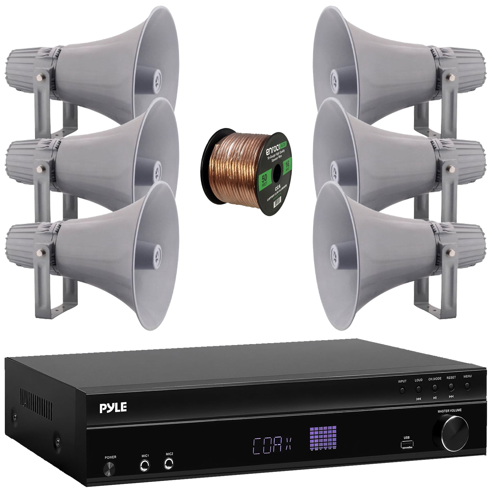 Pyle PT875BT 5.2 Channel 1000W Max USB-A MP3 Player FM Radio Bluetooth Home Theater Amplifier Receiver, 4x 4" 30W Max 3-Way Indoor/Outdoor White Box-Speakers, Wireless Microphone System, Speaker Wire