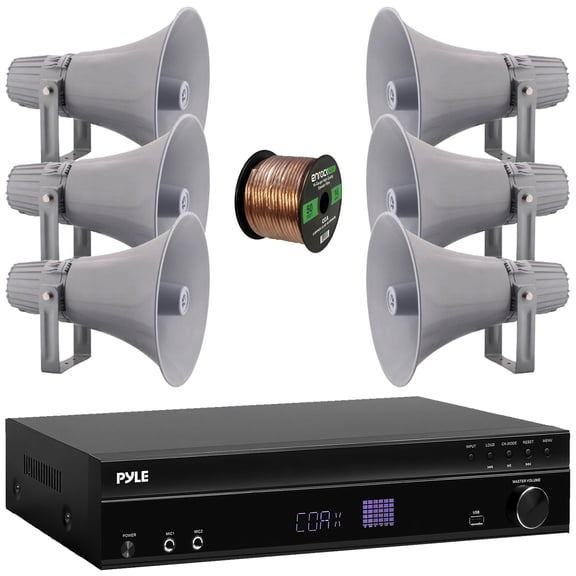 Pyle PT875BT 5.2 Channel 1000W Max USB-A MP3 Player FM Radio Bluetooth Home Theater Amplifier Receiver, 4x 4" 30W Max 3-Way Indoor/Outdoor White Box-Speakers, Wireless Microphone System, Speaker Wire