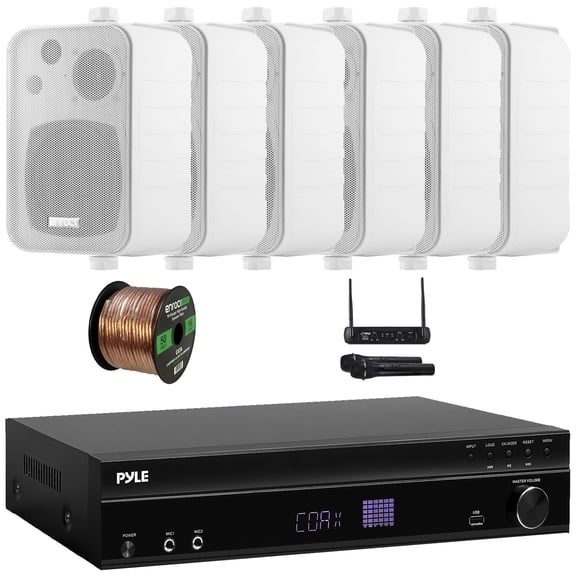 Pyle PT875BT 5.2 Channel 1000W Max USB-A MP3 Player FM Radio Bluetooth Home Theater Amplifier Receiver, 4x 5.25" 400W Max Power Indoor/Outdoor Black Speakers, VHF Wireless Microphone System, Wire