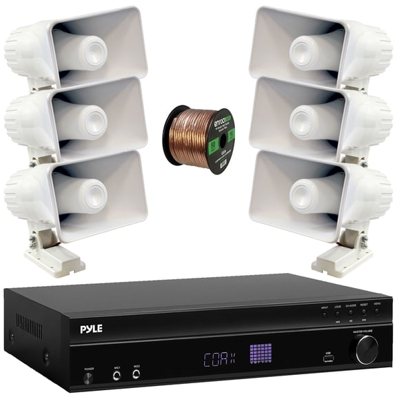 Pyle PT875BT 5.2 Channel 1000W Max USB-A MP3 Player FM Radio Bluetooth Home Theater Amplifier Receiver, 4x 6.5'' 500W Max Indoor/Outdoor Waterproof Speakers, Wireless Microphone System, Speaker Wire