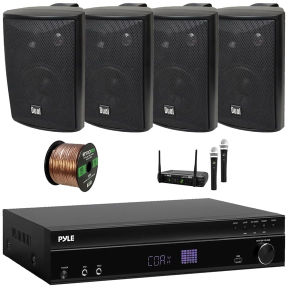 Pyle PT875BT 5.2 Channel 1000W Max USB-A MP3 Player FM Radio Bluetooth Home Theater Amplifier Receiver, 4x 6.5" 500W Max Power Indoor/Outdoor White Speakers, Wireless Microphone System, Speaker Wire