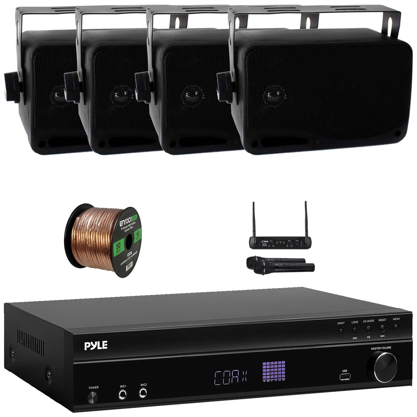 Pyle PT875BT 5.2 Channel 1000W Max USB-A MP3 Player FM Radio Bluetooth Home Theater Amplifier Receiver, 4x 6'' 50W Power Indoor/Outdoor PA Horn Speakers, VHF Wireless Microphone System, Wire