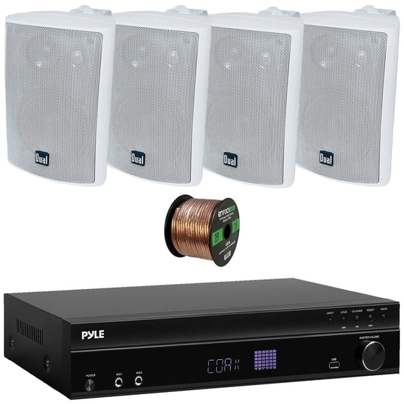 Pyle PT875BT 5.2 Channel 1000W Max USB-A MP3 Player FM Radio Bluetooth Home Theater Amplifier Receiver, 4x Dual Electronics LU47PW 4" 200W Max Power 3-Way Indoor/Outdoor White Speakers, Speaker Wire