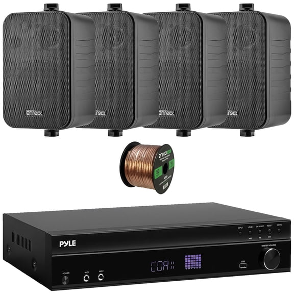 Pyle PT875BT 5.2 Channel 1000W Max USB-A MP3 Player FM Radio Bluetooth Home Theater Amplifier Receiver, 4x Enrock EKMR408B 4" 30 Watt Max Power 3-Way Indoor/Outdoor Black Speakers, Speaker Wire