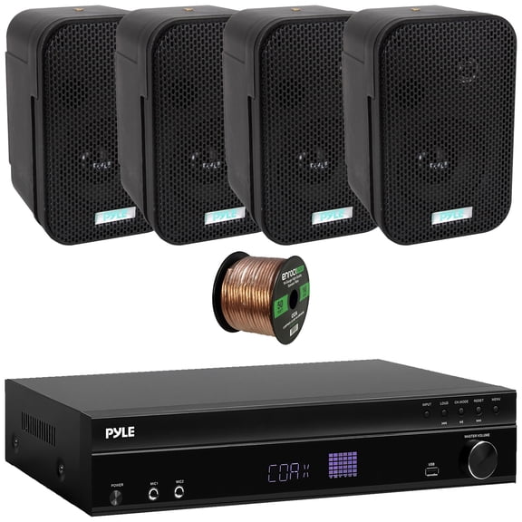 Pyle PT875BT 5.2 Channel 1000W Max USB-A MP3 Player FM Radio Bluetooth Home Theater Amplifier Receiver, 4x Pyle PDWR30B 3.5" 300 Watts Max Power Indoor/Outdoor Black Waterproof Speakers, Speaker Wire