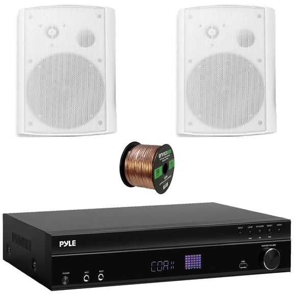 Pyle PT875BT 5.2 Channel 1000W Max USB-A MP3 Player FM Radio Bluetooth Home Theater Amplifier Receiver, 4x Pyle PHSP8K 8.1'' 50 Watt Max Power Indoor/Outdoor Gray PA Horn Speakers, Speaker Wire