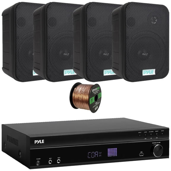 Pyle PT875BT 5.2 Channel 1000W Max USB-A MP3 Player FM Radio Bluetooth Home Theater Amplifier Receiver, 4x Pyle PLMR24 3.5'' 200W Max Power 3-Way Weather Proof Mini Box White Speakers, Speaker Wire
