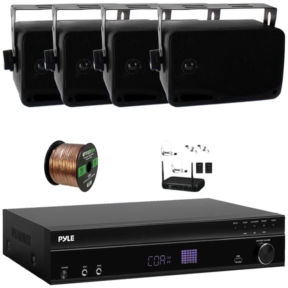 Pyle PT875BT 5.2 Channel 1000W Max USB-A MP3 Player FM Radio Bluetooth Home Theater Amplifier Receiver, 6x 12.7'' 60W RMS Indoor/Outdoor PA Horn Speakers, VHF Wireless Microphone System, Speaker Wire