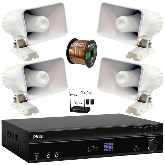Pyle PT875BT 5.2 Channel 1000W Max USB-A MP3 Player FM Radio Bluetooth Home Theater Amplifier Receiver, 6x 3.5'' 200 Watt Max Power 3-Way White Mini Box Speakers, VHF Wireless Microphone System, Wire
