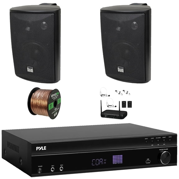 Pyle PT875BT 5.2 Channel 1000W Max USB-A MP3 Player FM Radio Bluetooth Home Theater Amplifier Receiver, 6x 4" 200W Max 3-Way Indoor/Outdoor Black Speakers, Wireless Microphone System, Speaker Wire