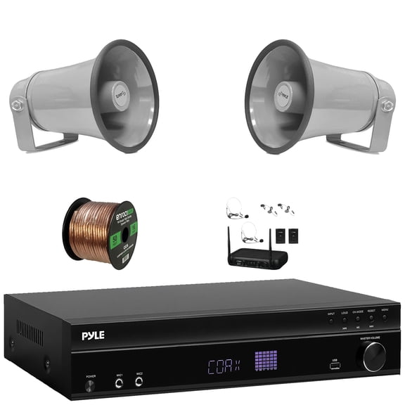 Pyle PT875BT 5.2 Channel 1000W Max USB-A MP3 Player FM Radio Bluetooth Home Theater Amplifier Receiver, 6x 4" 30W Max Power 3-Way Indoor/Outdoor Black Speakers, VHF Wireless Microphone System, Wire