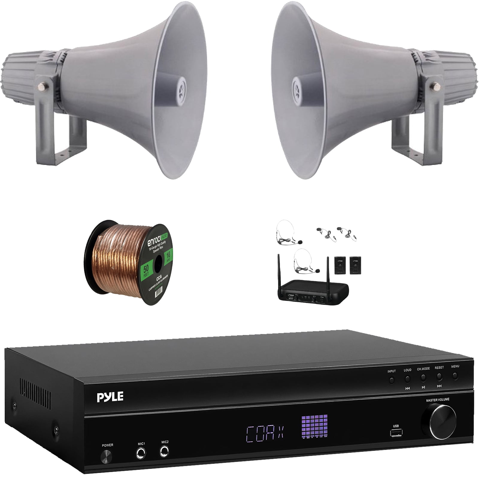 Pyle PT875BT 5.2 Channel 1000W Max USB-A MP3 Player FM Radio Bluetooth Home Theater Amplifier Receiver, 6x 5.25" 400W Max Power Indoor/Outdoor Black Speakers, VHF Wireless Microphone System, Wire