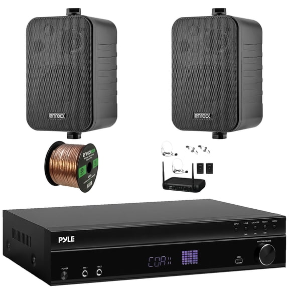 Pyle PT875BT 5.2 Channel 1000W Max USB-A MP3 Player FM Radio Bluetooth Home Theater Amplifier Receiver, 6x 6.5'' 500W Max Indoor/Outdoor Waterproof Speakers, Wireless Microphone System, Speaker Wire