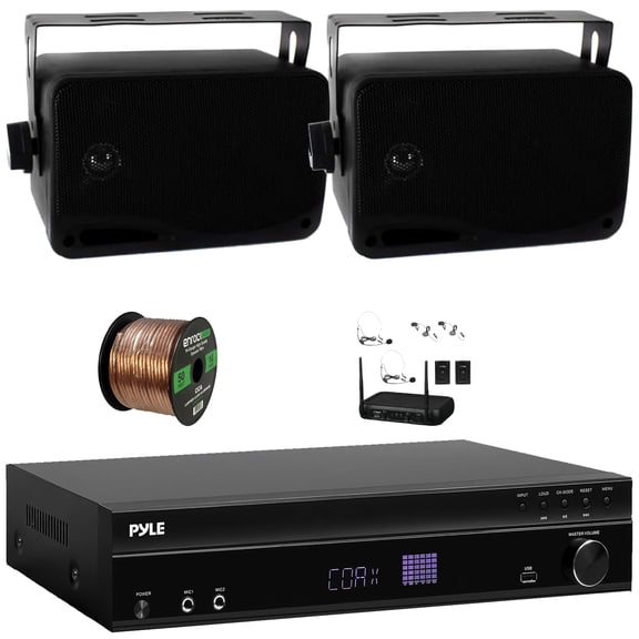Pyle PT875BT 5.2 Channel 1000W Max USB-A MP3 Player FM Radio Bluetooth Home Theater Amplifier Receiver, 6x 8.1'' 50W Max Indoor/Outdoor PA Horn Speakers, VHF Wireless Microphone System, Speaker Wire