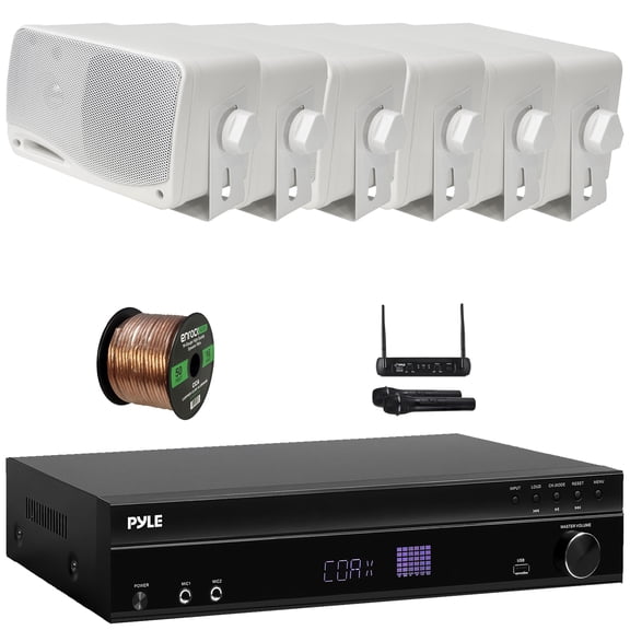 Pyle PT875BT 5.2 Channel 1000W Max USB-A MP3 Player FM Radio Bluetooth Home Theater Amplifier Receiver, 6x Dual Electronics LU47PW 4" 200W Max Power 3-Way Indoor/Outdoor White Speakers, Speaker Wire