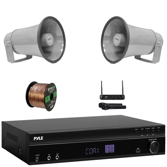 Pyle PT875BT 5.2 Channel 1000W Max USB-A MP3 Player FM Radio Bluetooth Home Theater Amplifier Receiver, 6x Enrock EKMR408B 4" 30 Watt Max Power 3-Way Indoor/Outdoor Black Speakers, Speaker Wire