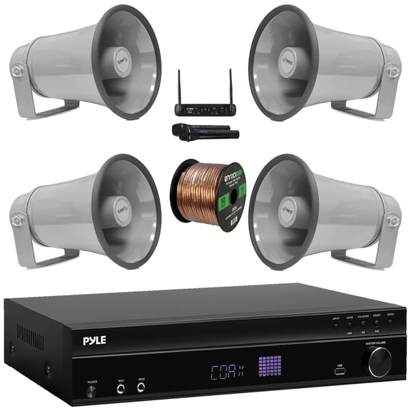 Pyle PT875BT 5.2 Channel 1000W Max USB-A MP3 Player FM Radio Bluetooth Home Theater Amplifier Receiver, 6x Enrock EKMR408W 4" 30 Watt Max Power 3-Way Indoor/Outdoor White Box-Speakers, Speaker Wire