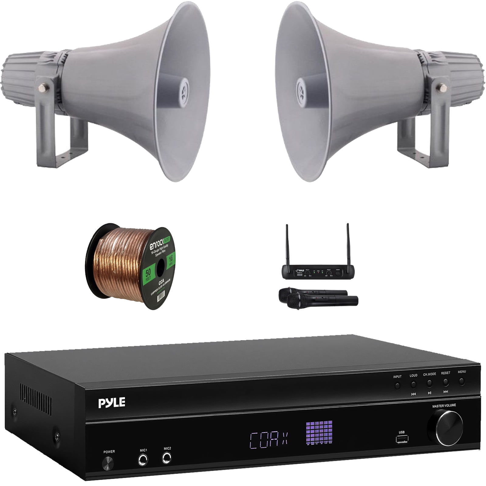 Pyle PT875BT 5.2 Channel 1000W Max USB-A MP3 Player FM Radio Bluetooth Home Theater Amplifier Receiver, 6x Pyle PDWR40B 5.25" 400W Max Power Indoor/Outdoor Black Waterproof Speakers, Speaker Wire
