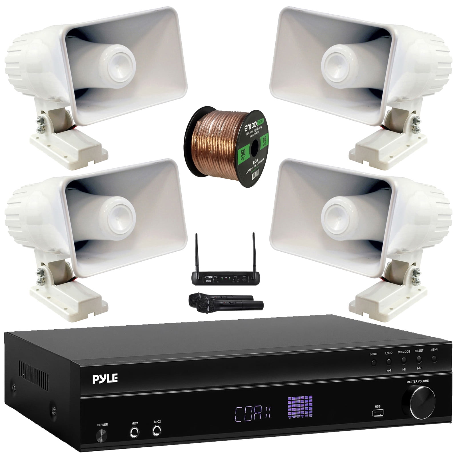 Pyle PT875BT 5.2 Channel 1000W Max USB-A MP3 Player FM Radio Bluetooth Home Theater Amplifier Receiver, 6x Pyle PLMR24 3.5'' 200W Max Power 3-Way Weather Proof Mini Box White Speakers, Speaker Wire