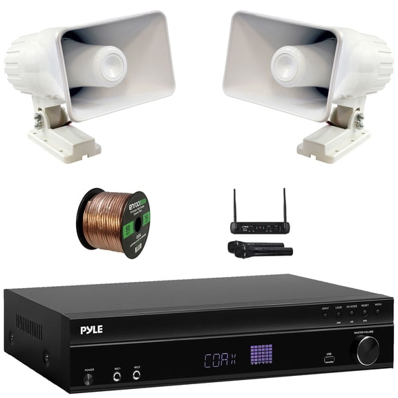 Pyle PT875BT 5.2 Channel 1000W Max USB-A MP3 Player FM Radio Bluetooth Home Theater Amplifier Receiver, 6x Pyle PLMR24B 3.5'' 200 Watt Max 3-Way Indoor/Outdoor Wall Mount Black Speakers, Speaker Wire