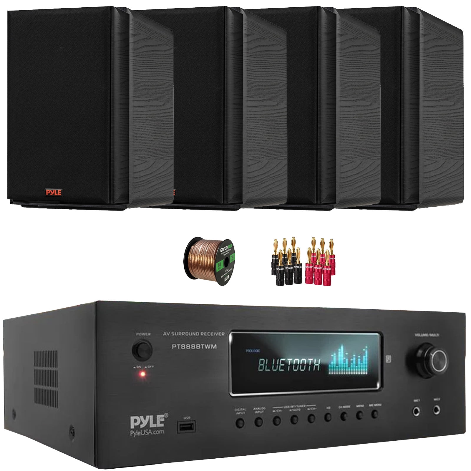 Pyle PT888BTWM 5.2-Ch MP3/USB/AM/FM Radio 1000 Watt MAX Wireless BT Streaming Home Theater Amplifier Receiver, 2x 5.25 200W Max 2-Way HiFi Home Theater Bookshelf Black Speakers, Wire, Banana Plugs
