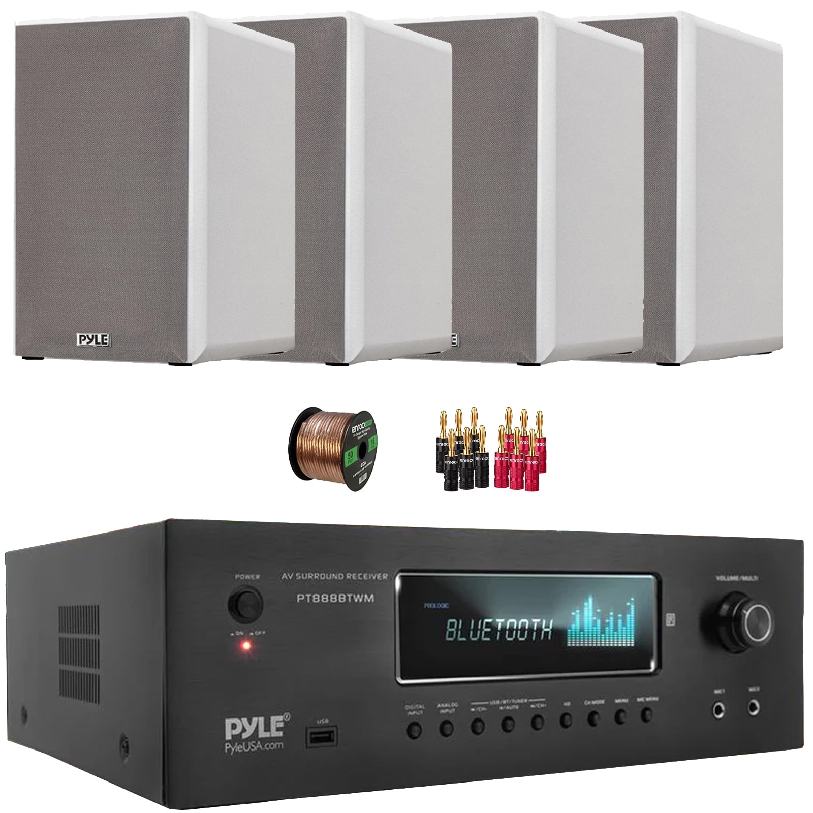 Pyle PT888BTWM 5.2-Ch MP3/USB/AM/FM Radio 1000 Watt MAX Wireless BT Streaming Home Theater Amplifier Receiver, 4x 6.5 240W Max 2-Way HiFi Home Theater Bookshelf White Speakers, Wire, Banana Plugs