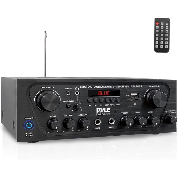 PYLE PTA24BT - Compact Bluetooth Home Audio Amplifier, 2-Ch. Audio Source Stereo Receiver System with FM Radio, MP3/USB/SD/AUX Playback (250 Watt)