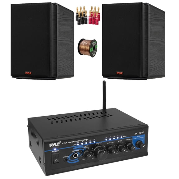 Pyle PTA4 Blue LED AUX CD/MP3 Player Mini Stereo Power Amplifier Receiver with Mic Inputs, 2x 5.25 200 Watts Max Power 2-Way HiFi Home Theater Bookshelf Black Speakers, Speaker Wire, Banana Plugs