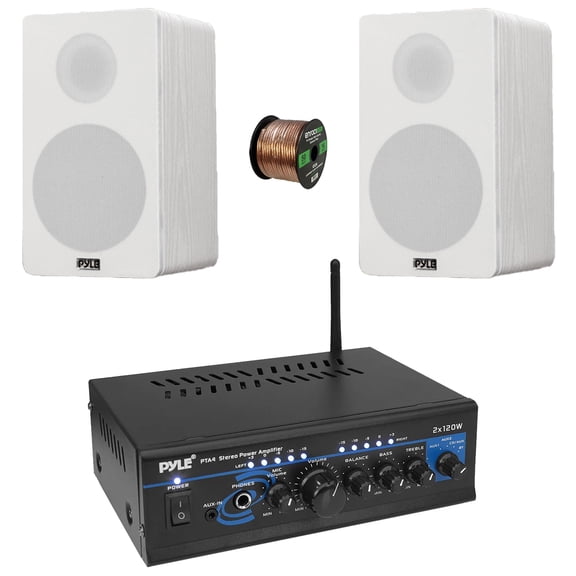 Pyle PTA4 Blue LED AUX CD/MP3 Player Mini Stereo Power Amplifier Receiver with Mic Inputs, 2x 6.5 240 Watt Max Power 2-Way HiFi Home Theater Bookshelf White Speakers, 50 Feet 16 Gauge Speaker Wire