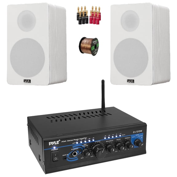 Pyle PTA4 Blue LED AUX CD/MP3 Player Mini Stereo Power Amplifier Receiver with Mic Inputs, 2x 6.5 240 Watt Max Power 2-Way HiFi Home Theater Bookshelf White Speakers, Speaker Wire, Banana Plugs