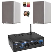 Pyle PTA4 Blue LED AUX CD/MP3 Player Mini Stereo Power Amplifier Receiver with Mic Inputs, 2x 6.5  240 Watts Max Power 2-Way HiFi Home Theater Bookshelf White Speakers, Speaker Wire, Banana Plugs