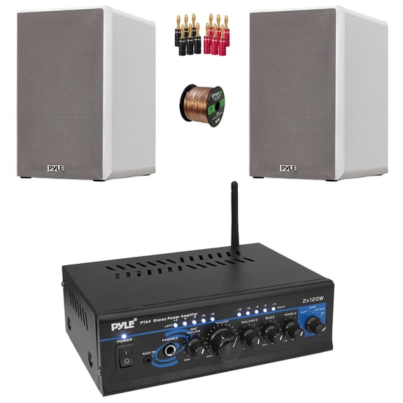 Pyle PTA4 Blue LED AUX CD/MP3 Player Mini Stereo Power Amplifier Receiver with Mic Inputs, 2x 6.5 240 Watts Max Power 2-Way HiFi Home Theater Bookshelf White Speakers, Speaker Wire, Banana Plugs