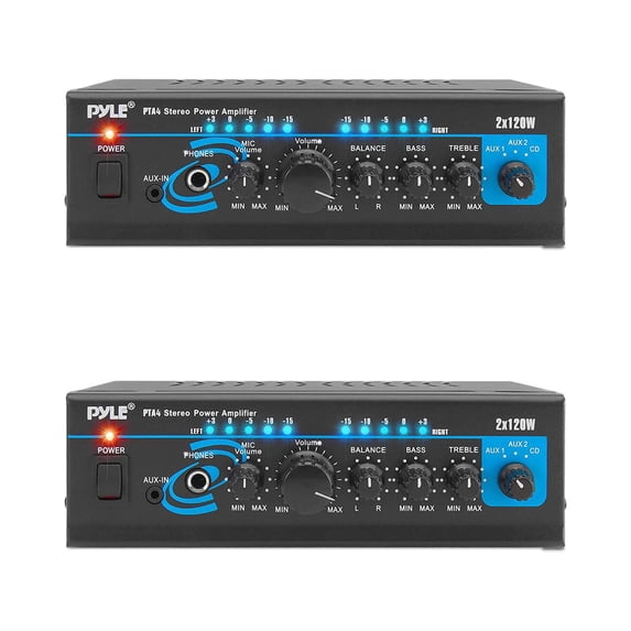 Pyle PTA4 Mini Bluetooth Home Audio 2 Channel Amplifier Stereo Receiver (2 Pack)