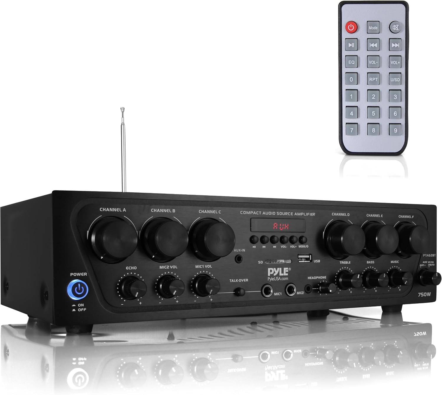 PYLE PTA62BT - Bluetooth Home Audio Amplifier, 6-Ch. Audio Source Stereo Receiver System with FM Radio, MP3/USB/SD/AUX Playback (750 Watt)