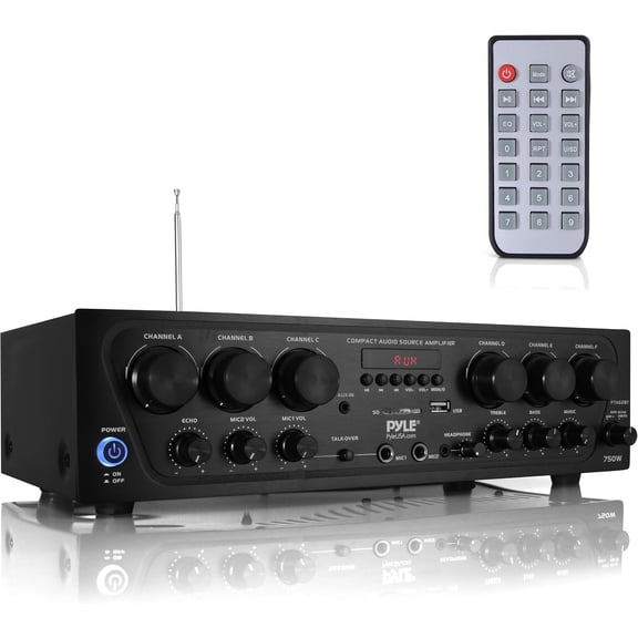 PYLE PTA62BT - Bluetooth Home Audio Amplifier, 6-Ch. Audio Source Stereo Receiver System with FM Radio, MP3/USB/SD/AUX Playback (750 Watt)