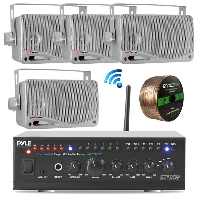 Pyle PTAUWIFI46 WiFi Bluetooth Stereo Amplifier 240-Watt Home Theatre Receiver, 4x Pyle 3.5" 200 Watt 3-Way Weatherproof Mini Box Speakers (Silver), Enrock Audio Spool of 100 Ft 16-Gauge Speaker Wire