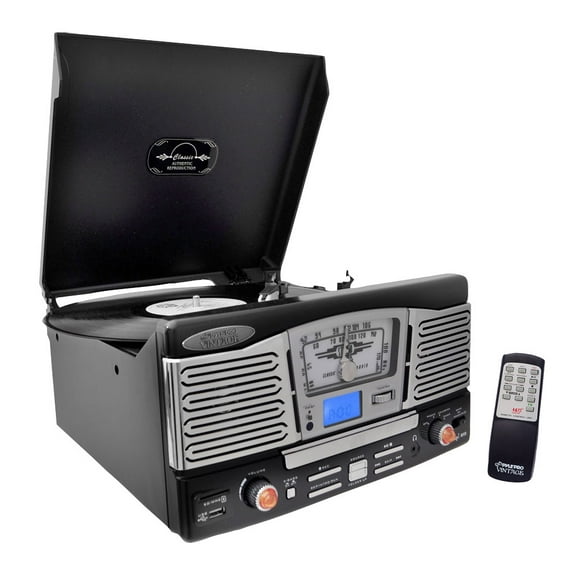 Pyle PTCD8UB - Retro Style Turntable Plays AM/FM Radio, MP3/WMA via USB/SD Card Readers, and Vinyl-to-MP3 Encoding Function (Black)