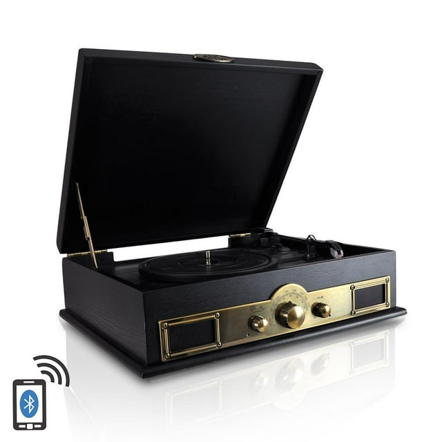 Pyle PTT30BK - Retro Vintage Classic Style Bluetooth Turntable Vinyl Record Player with Recording Ability, AM/FM Radio
