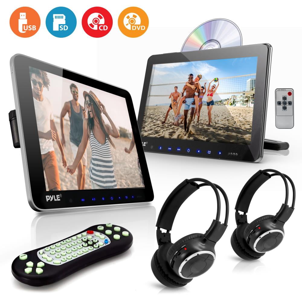 PYLE PLHRDVD101KT - Dual Vehicle Headrest Mount CD/DVD Player System - Car Video Entertainment Display Monitors with Wireless Headphones (10.5’’ -inch)