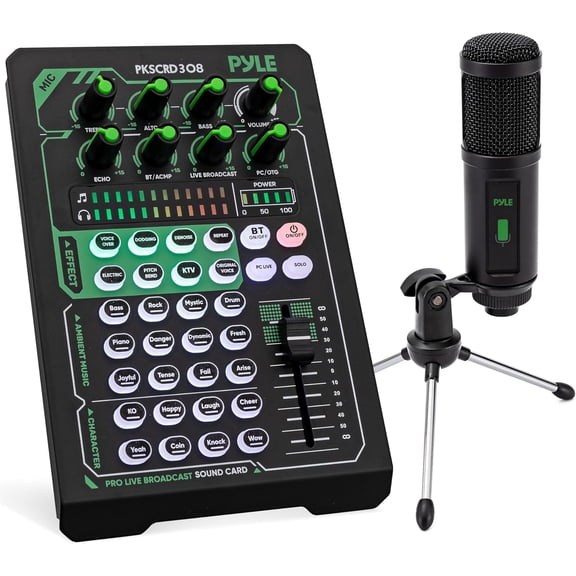 Pyle Portable Bluetooth Live Broadcast Sound Card Pro Audio Interface DJ mixer Condenser w/Microphone Set, for Streaming Podcasts Studio, Recording PC, Gaming, Phone, w/FX, Ambient Sounds