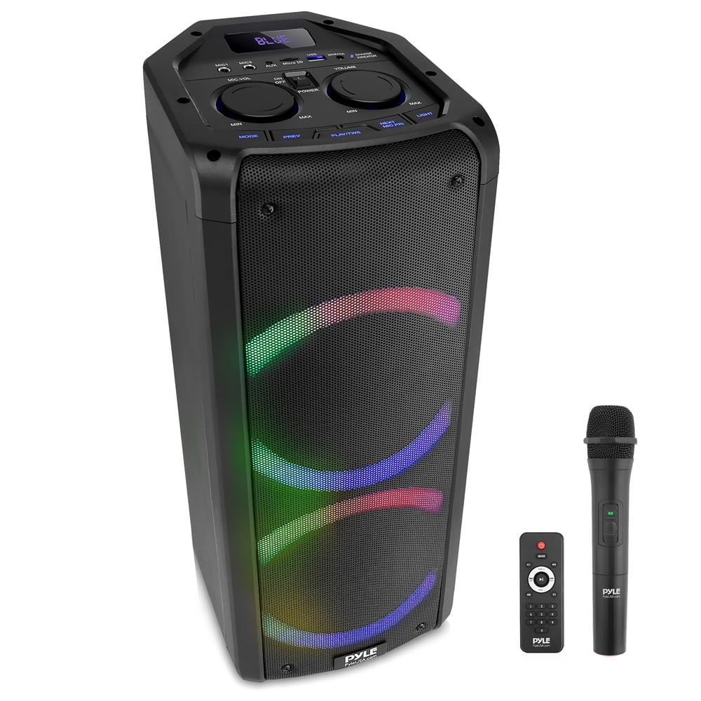 Pyle Portable Bluetooth PA Speaker System-600W 10” Indoor/Outdoor BT  Speaker-Includes 2 Wireless Microphones, Party Lights, USB SD Card Reader,  FM