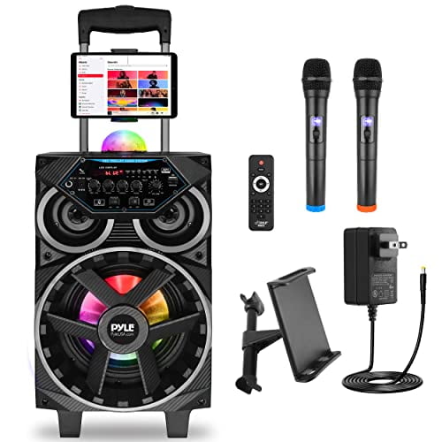 Pyle Portable Bluetooth PA Speaker - 580W 8” Rechargeable Outdoor BT Karaoke Audio System - TWS, Disco Party Lights, LED Display, FM/AUX/MP3/USB/SD, 6.5mm in, Trolley, Wheels