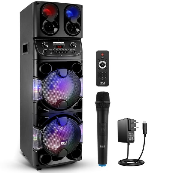 Pyle Portable Bluetooth PA Speaker - 600W Dual 10 Rechargeable Indoor/Outdoor BT Karaoke Audio System -LED Display, FM/AUX/MP3/USB/SD, 1/4" in, Handle, Wheels -Wireless Mic, Remote Control